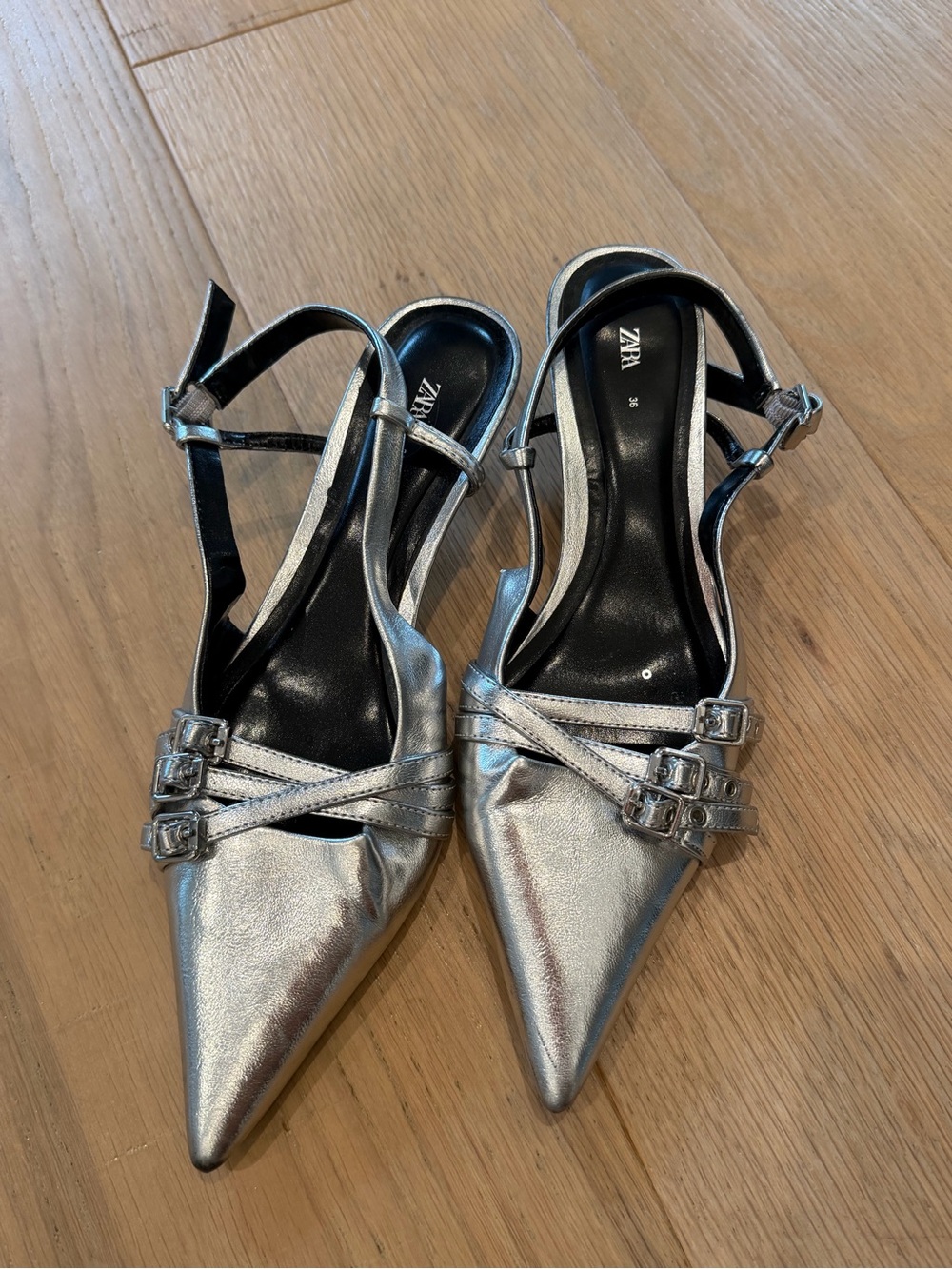 Zara Metallic Silver Pointed Slingback Heels with Double Buckles